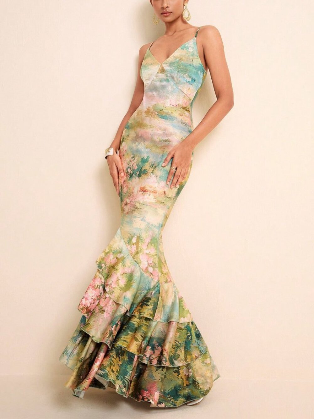 Multicolor Elegant Women's V-Neck Spaghetti Strap Fitted Ruffle Hem maxi Dress - Picture 7 of 9